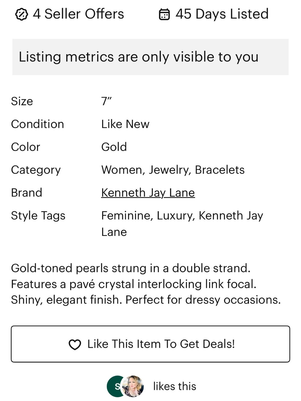Kenneth Jay Lane Gold-Tone Double Strand Pearl & Pavé Link Bracelet